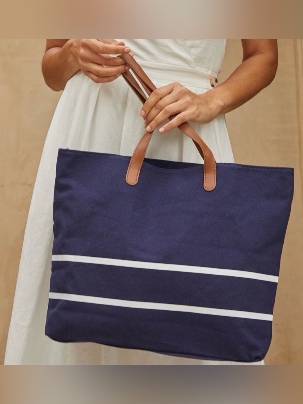 White House Black Market Navy Tote with White Stripes and Tan Handles